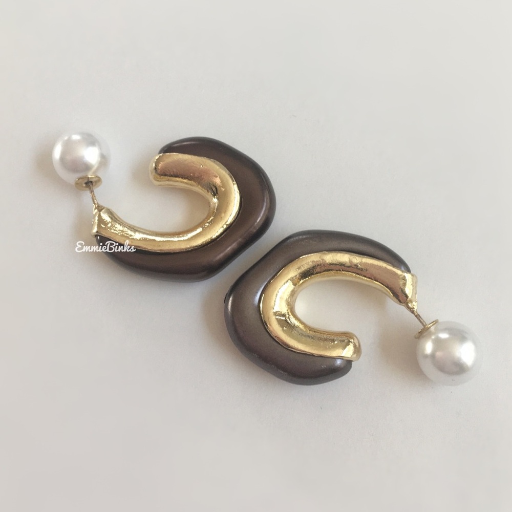 New Anthropologie Pearl Ball Back Hoop Earrings in Brown